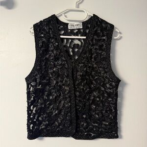 Vintage Valenti Beaded Sheer Lace Vest | Black Mesh Embellished Top